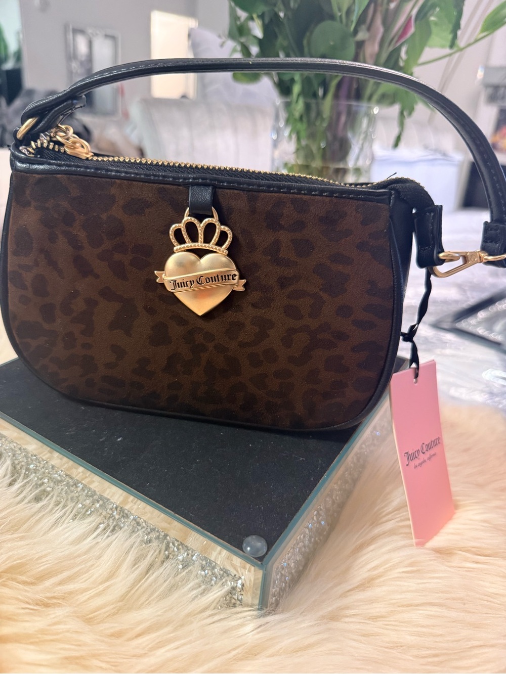 Juicy Couture Brown Leopard Mini Shoulder Bag with Gold Crown Heart Logo